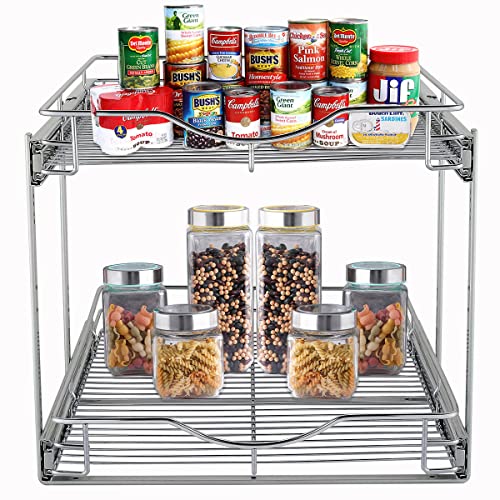 DINDON 2 Tier Pull Out Cabinet Organizer (11"W X 21"D), Double Tier Wire Basket Slide Out Shelf Storage for Kitchen Base Cabinet Organization for Kitchen, Pantry, Bathroom, Chrome - size: 11'' W X 21'' D