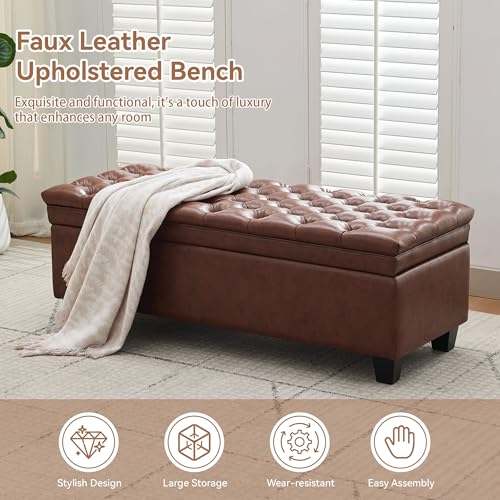 WUTUTUEE 50" Faux Leather Storage Ottoman Bench, Upholstered Rectangle End of Bed Storage Ottoman Tufted Living Room Bedroom Bench with Safety Hinge, Solid Wood Legs, Loads 500 lb(Brown) - color: Brown-pu