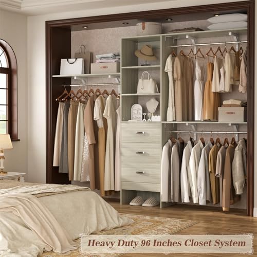 Armocity 96 Inches Closet System, 8FT Walk In Closet Organizer with 3 Shelving Towers, Heavy Duty Clothes Rack with 3 Drawers, Built-In Garment Rack, 96"L x 16"W x 75"H, Load 1000 LBS, White Oak - color: White Oak