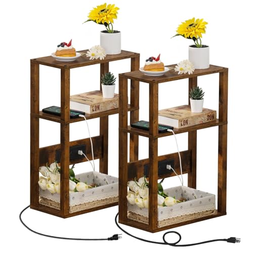 YUFAM 3-Tier Small Narrow Wood Side Table Set of 2 with Charging Station - Skinny Nightstand for Small Spaces, Slim Bedside Table with USB Ports and Outlets - Thin End Table with Storage, Brown - color: Brown, size: 2 Pack