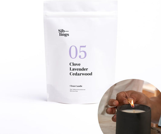 Siblings Candle Making Kit | DIY Coconut-Soy Wax Candle Kit with Wooden Wick | Scent No 05: Clove, Lavender, Cedarwood | Clean, Non-Toxic, Reusable, 60 Hr Burn