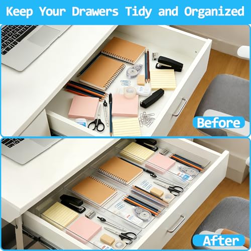 Manalete 4 Pack 15"x6" Extra Large Clear Plastic Drawer Organizer Trays, Multi-Purpose Storage Bins for Vanity, Makeup, Kitchen Utensils, Bathroom, Office Desk, Auto Tools & Craft Supplies - size: 4 Pack 15"×6"