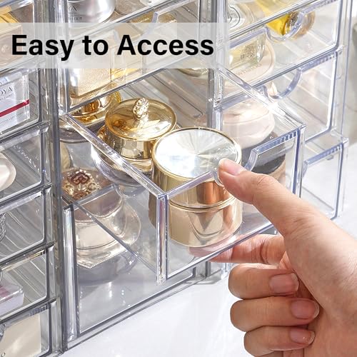 Prsildan Acrylic Drawer Makeup Organizer with 9 Drawers, Set of 3 Office Desk Organizers Accessories, Clear Stackable Storage Drawers for Vanity, Countertop, Craft, Jewelry, Art Supply Organization - style: 9 Drawers