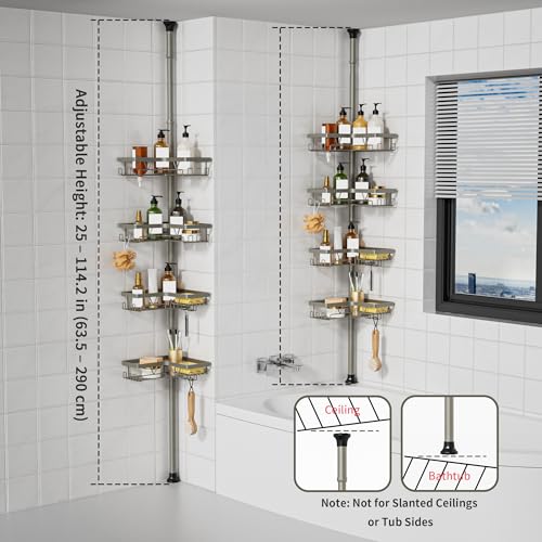 KEGII Shower Caddy Tension Pole, 4-Tier Rustproof Adjustable Corner Bathroom Organizer for Renters, 25–114.2 Inch No Drill Space-Saving Shower Storage Rack, Silver Gray - style: Tension Caddy（Silver Gray）