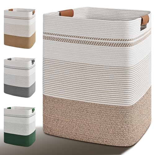 Laundry Hamper, 95L Tall Laundry Basket with Leather Handles, Rectangle Large Clothes Hamper for Organizing, Cotton Woven Laundry Baskets Storage Hampers for Bedroom, Nursery, Living Room - color: Light Brown & White, size: 95L