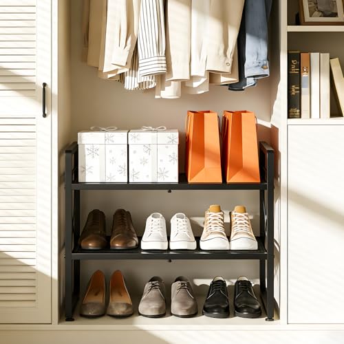ELYKEN Shoe Rack, 2-Tier Expandable Shoe Organizer for Entryway, Metal Black Shoe Shelf with 4 Hooks, Ajustable Shoe Stand Holder for Closet, Garage, Door Entrance - size: 2-Tier