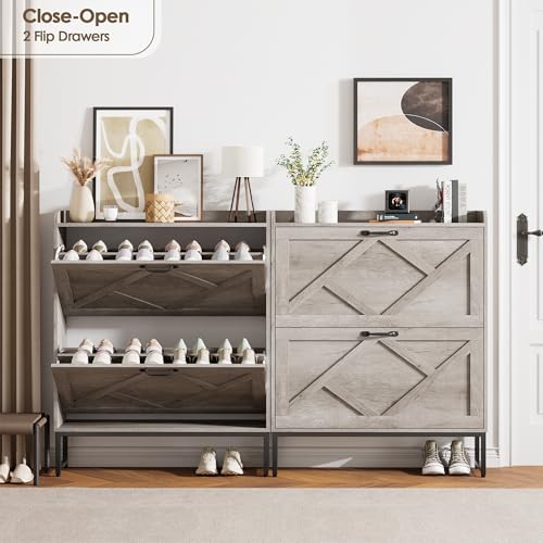 Nicetree Shoe Storage Cabinet with 2 Flip Drawers, Freestanding Shoe Organizer, Shoe Cabinet with Metal Legs, Narrow Shoe Rack Cabinet, Farmhouse Slim Shoe Cabinet for Entryway, Hallway, Rustic Gray - color: Grey, style: 2-Drawers