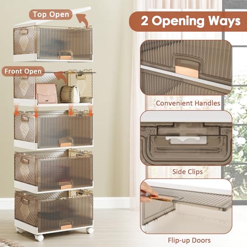 Giantex 5 Tier Stackable Storage Bins with Lids, 22.5 Gal Foldable Shoe Storage Box with Detachable Wheels & Flip-Up Doors, Collapsible Closet Organizers and Storage Bins - size: 22.5Gal-5Pack
