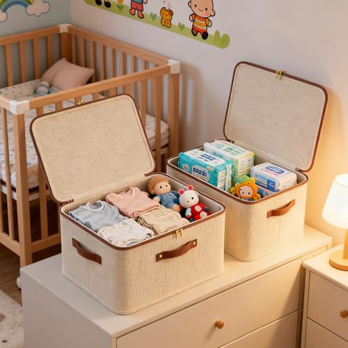 Tuza 3 Pcs Rigid Storage Bins with Zipper Lid, Cotton Linen Fabric Storage Boxes, Foldable Shelves Clothes Storage Cubes with Handles for Wardrobe, Closet(Beige, 15L) - size: M-15L
