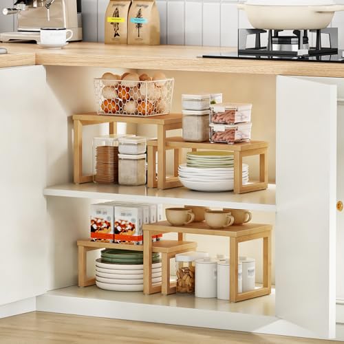HOOBRO Cabinet Organizer Shelf, Set of 4 Kitchen Counter Shelves, Expandable Kitchen Storage, Stackable Bamboo Spice Rack, for Countertop, Office Desk, Living Room, Natural YL20TLP201 - color: Natural