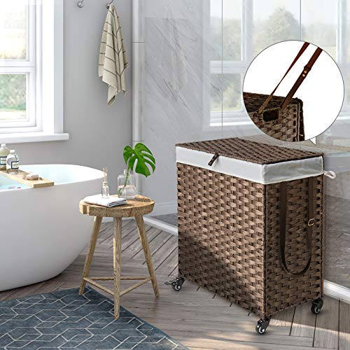 Greenstell Laundry Hamper with Wheels, No Install Needed, 110L Divided Handwoven Hampers & 2 Removable Liner Bags, Rattan Clothes Laundry Basket with Lid & Handles, Foldable Hampers Brown 22x13x26.4In - color: Brown, size: 110L: 22.0x13.5x26.4 Inches