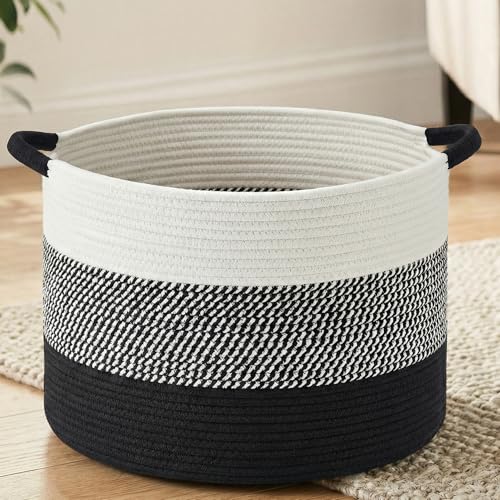 Artfeel 70L Large Cotton Rope Basket, Decorative Woven Blanket Storage for Living Room, Boho Toy Storage & Toy Box for Kids, Versatile Laundry Basket & Nursery Hamper for Blankets(Black) - color: Black, size: 70L