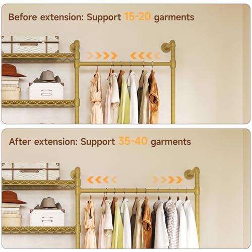L2 Wall Mounted Closet System, Industrial Pipe Clothing Rack Clothes Racks with 2 Telescopic Rod & 6 Shelves, Heavy Duty Closet Organizers System in Wardrobe Closet, Gold - color: Gold