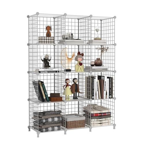 AWTATOS 12 Cube Storage Wire Closet Organizers DIY Stackable Storage Shelves Bookcase Cabinet for Home Office, White - color: White+translucent, size: 12 Cube(30x30cm)