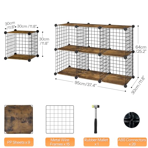 HOOBRO Side Table with Charging Station and Wire Cube Storage Organizer, Set of 2 End Table, 6-Cube Shelves, Modular Shelves with Metal Grid, DIY Closet Cabinet, BF91UBZP201-BF06CW01