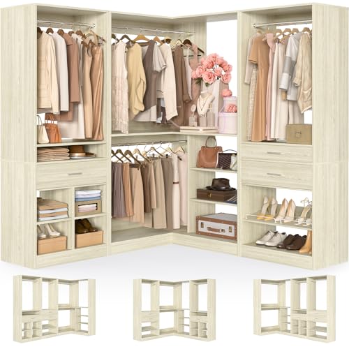 Unikito 86" Corner Closet System, Modular Closets Organizer with 4 Hanging Rods and Storage Shelves, Freestanding Wood Clothes Garment Rack with Drawers, Sturdy Walk in Closet Tower, White Oak - color: White Oak, size: 86 Inch