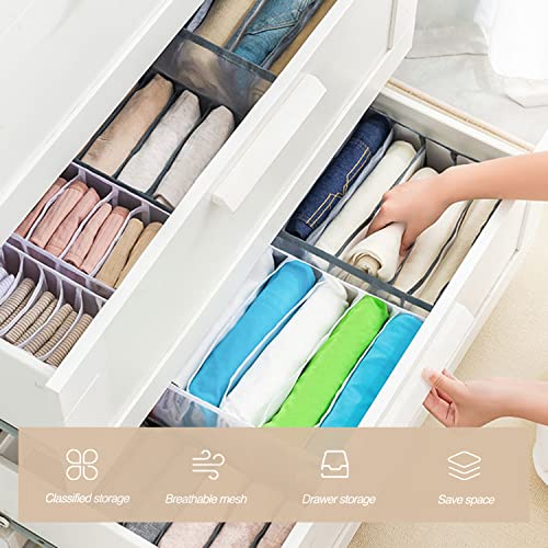 Wardrobe Clothes Organizer, 7 Grids Washable Portable Closet Organizer Mesh Separation Storage Box Foldable Closet Drawer Organizer for Underwear, Socks, Scarves, Jeans (Grey, 3 Jeans Grid) - size: 3 Jeans Grid