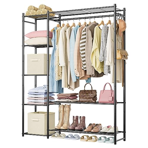 Wardrobe Closet,Portable Clothes Rack with 4 Tiers Shelves,Freestanding Closet Organizers and Storage System with Hanging Rods,Steel Clothing Rack Suitable for Cloakrooms,Bedrooms,Entrances,etc.Black - color: BLACK