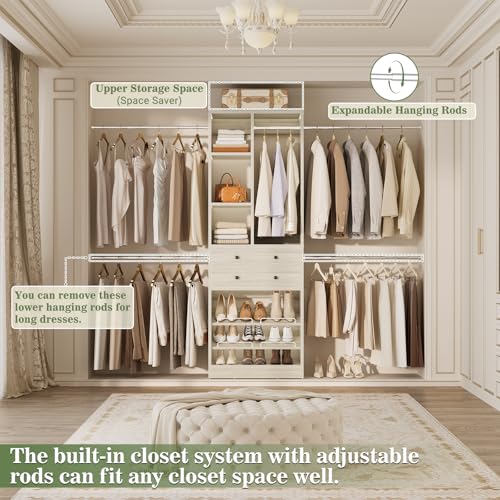 Besiost Closet System, 4.2–8.8 FT Closet Organizer with 2 Wooden Drawers and Shelves, Walk-in Closet System with 5 Hang Rods, Built-in Reach in Closet Tower, Can Fit 60 to 96 inch, Greige Oak - color: Greige Oak