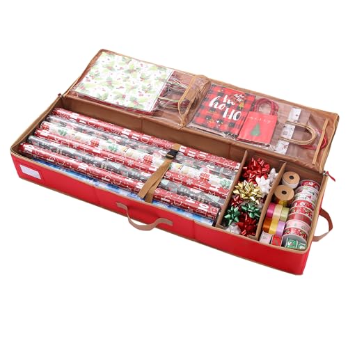 Sattiyrch Gift Wrapping Paper Storage containers,600D Oxford Fabric Christmas Ribbon Gift Bag Bows Storage Box,Holds up to 20 Rolls,42"W x 14"D x 5.5"H (Red) - color: Red