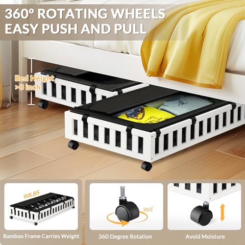 Gashell 2 Pack Bamboo Under Bed Storage with Wheels, 39”x20”x7.8” Lager Under Bed Storage Containers (White) - color: White