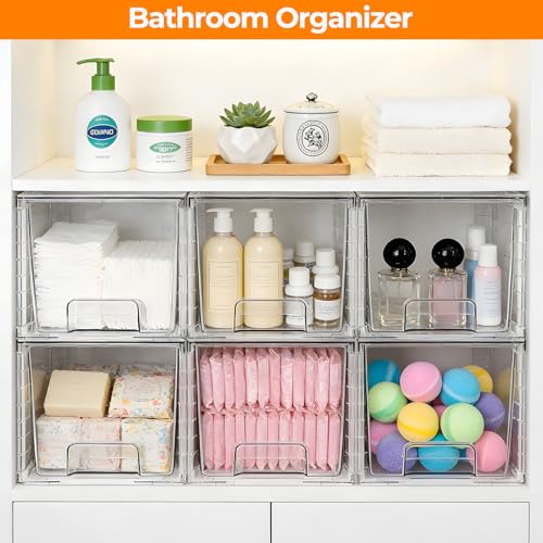 6 Pack Stackable Acrylic Storage Drawers – Clear Plastic Organizer Bins, Easy to Assemble, Suitable for Bathroom, Undersink, Kitchen, Pantry, Makeup, Medicine Organization - size: 6Pack 7"H