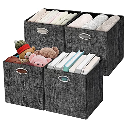 Posprica Storage Cubes,12×12 Storage Bins,Foldable Storage Baskets Fabric Drawers Containers for Shelf Cabinet Bookcase,Thick and Heavy Duty (4pcs, black) - color: Black, size: 12×12×12/4pcs