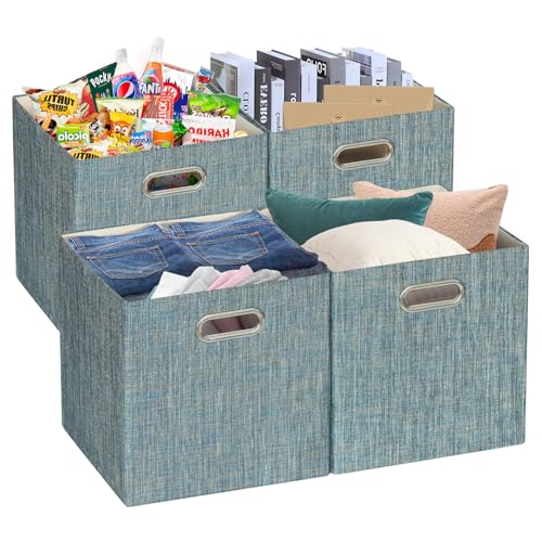 Posprica Storage Basket Bins,13×13×13 Foldable Storage Boxes Fabric Drawer Cubes for Closet Shelf Cabinet Bookcase - Set of 4,Teal - color: Teal, size: 13×13×13/4pcs