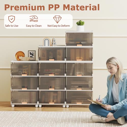 Giantex 4 Tier Stackable Storage Bins with Lids, 18 GalFoldable Shoe Storage Box with Detachable Wheels & Flip-Up Doors, Collapsible Closet Organizers and Storage Bins - size: 18Gal-4Pack