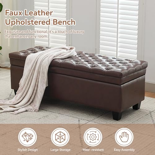 WUTUTUEE 50" Faux Leather Storage Ottoman Bench, End of Bed Upholstered Rectangle Storage Ottoman Tufted Living Room Bedroom Bench with Safety Hinge, Solid Wood Legs, Loads 500 lb(Dark Rrown) - color: Dark Brown