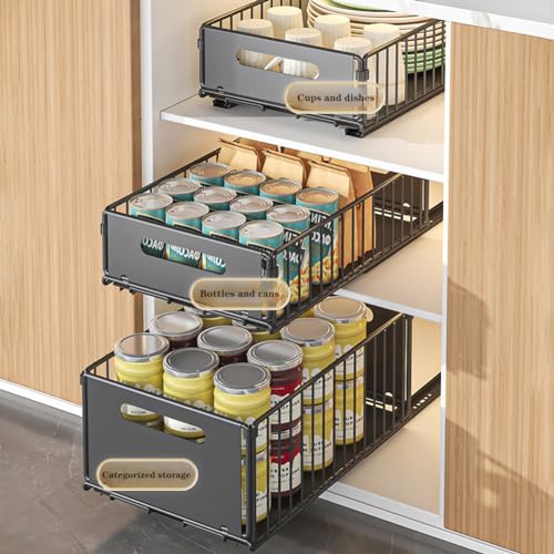 Pull Out Cabinet Organizer, Slide Out Cabinet Organizer Heavy-Duty Carbon Steel Expandable Drawer Adjustable Sliding Shelf Under Sink Rack Shelf for Kitchen Pantry Bathroom Closet - color: black large 1pc