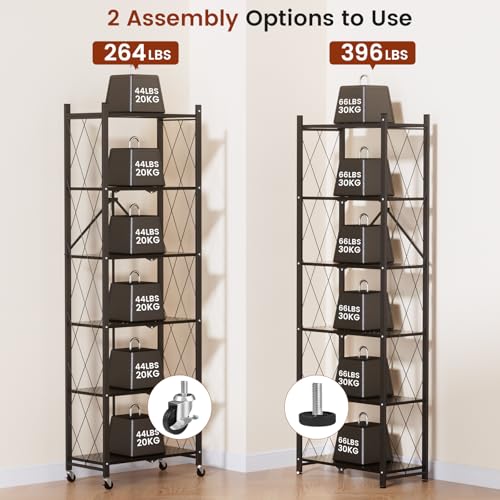 ALANNG 73.6 Inch Folding Bookshelf, 6 Tier Metal Bookcase and Bookshelves, Tall Shelves for Living Room Office Bedroom, Heavy Duty Book Shelve Free Standing Open (Black, 1PACK) - color: Black
