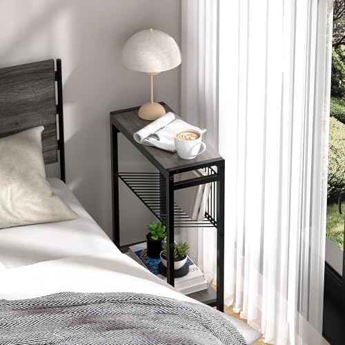 End Table for Small Space, 3-Tier Narrow Side Table with Magazine Holder,Slim Nightstand, Skinny Snack Couch Table in Living Room, Bedroom Study and Balcony (Grey) - color: Grey