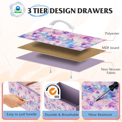 WLIVE 7 Drawer Dresser TV Stand, Entertainment Center, Media Console Table with Wood Top for TV up to 45 inch, Chest of Drawers for Bedroom, Living Room, Tie-dye Print (Pink, Purple, Blue) - color: Tie-dye Purple Print