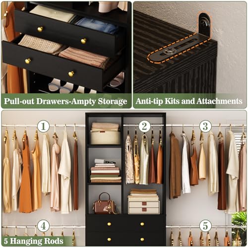 Besiost Closet System, 4.2–8.8 FT Closet Organizer with 2 Wooden Drawers and Shelves, Walk-in Closet System with 5 Hang Rods, Built-in Reach in Closet Tower, Can Fit 60 to 96 inch, Black - color: Black