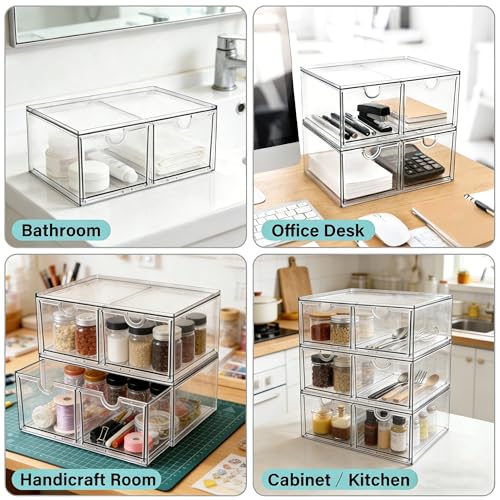 Prsildan Stackable Clear Makeup Organizer, 2 Pack Acrylic Storage Drawers with 4 Drawers for Vanity Bathroom Office Desk Modular Drawer System for Cosmetics Jewelry Toiletries Home Organization - style: Style2-4Drawers