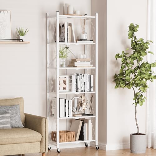 ALANNG 73.6 Inch Folding Bookshelf, 6 Tier Metal Bookcase and Bookshelves, Tall Shelves for Living Room Office Bedroom, Heavy Duty Book Shelve Free Standing Open (White, 1PACK) - color: White