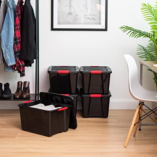 IRIS USA 40 Qt Stackable Plastic Storage Bins with Lids, 4 Pack - BPA-Free, Made in USA - Garage Organizing Solution, Latches, Durable Nestable Containers, Secure Pull Handle - Black - size: 40 Qt, style: 4 Pack