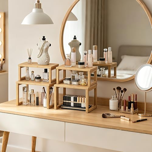 HOOBRO Cabinet Organizer Shelf, Set of 4 Kitchen Counter Shelves, Expandable Kitchen Storage, Stackable Bamboo Spice Rack, for Countertop, Office Desk, Living Room, Natural YL20TLP201 - color: Natural