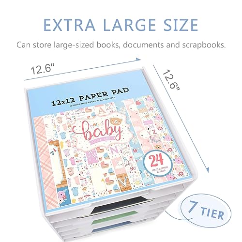 SONGWAY Scrapbook Paper Organizer 12x12-7 Tier File Organizer for Desk, 12x12 Stackable Scrapbook Paper Storage Trays, Desktop File Storage Cube for Home Office School - size: 7 Tier