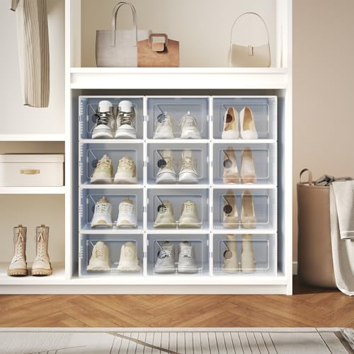 DUMOS Shoe Storage Boxes, 12-Pack Stackable Clear Shoe Containers with Lids, Display Sneaker Case Organizer for Closet, Under Bed, Entryway,White (Fit Size 9)