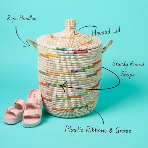 Wicker Laundry Basket, Colorful Pattern on White, 15" Wide, 19" Tall - size: Medium