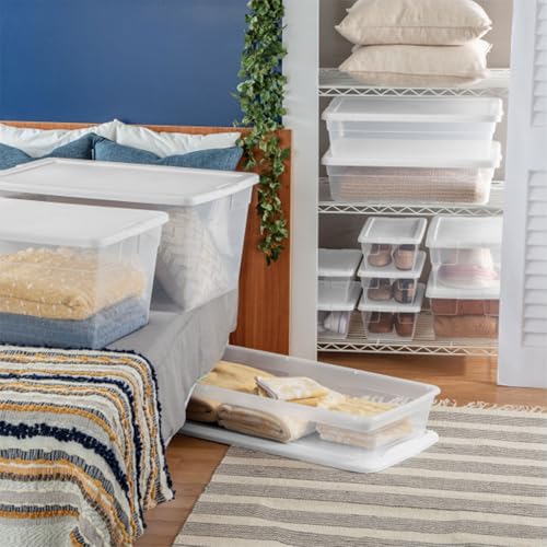 Sterilite 18 Pack Storage Box, 41 Quart Stackable Tote, Clear Plastic Container with Secure Snapping Lids for Home and Office Organization, White - size: 41 Quart, style: 18 Pack