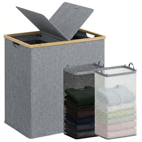 efluky Laundry Hamper with Lid, Double Laundry Hamper with 2 Removable Bags, 2 Section Laundry Basket with Bamboo Handles for Bathroom, Bedroom & Laundry Room, 140L (36.9 Gallon) Blue Grey - color: Blue Grey, size: 140L Dual