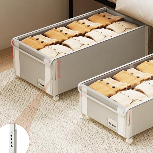 2Pack Under Bed Storage with Wheels,9.5"-12"Tall Adjustable Height Underbed Storage,Deep Under Bed Storage Containers,Rolling Under Bed Clothes Storage,Metal Under Bed Drawers for Shoes,Blankets,Toys - size: Height 9.5"-12"