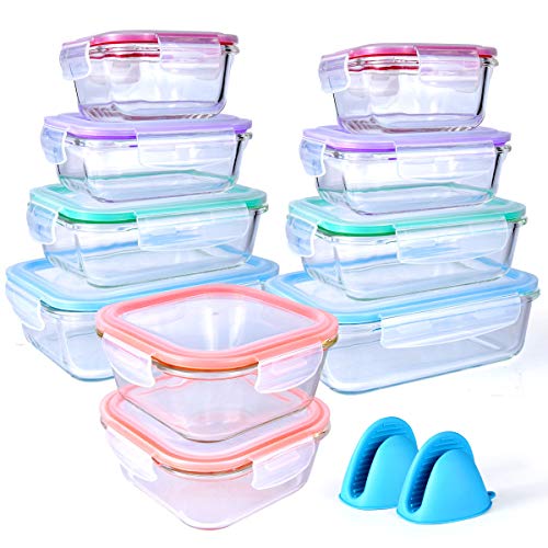 20 Pc Glass Food Storage Containers with Snap Lock Lids, Airtight & Leakproof, Bonus 2 Oven Silicone Gloves, Safe for Dishwasher, Oven, Microwave,Freezer, BPA Free