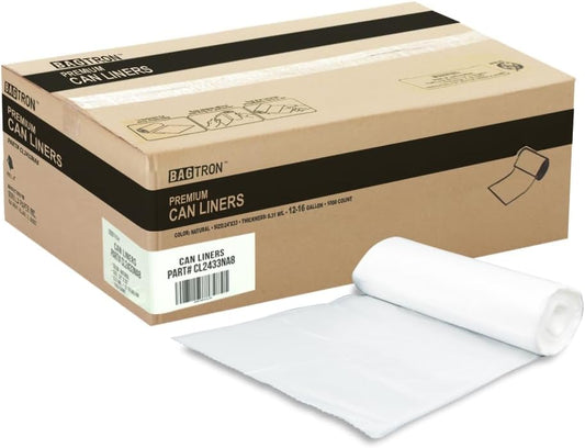 12-16 Gallon Trash Bags, 8 Micron High Density Garbage Can Liners Bulk, 24" x 33", Natural Clear, 1000 Count