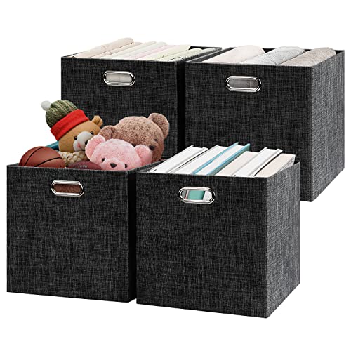 Posprica Fabric Storage Cubes,13×13×13 cube storage bins, Foldable Drawers Baskets Containers for Shelf Cabinet Bookcase,Thick and Heavy Duty (4pcs, Black) - color: Black, size: 13×13×13/4pcs