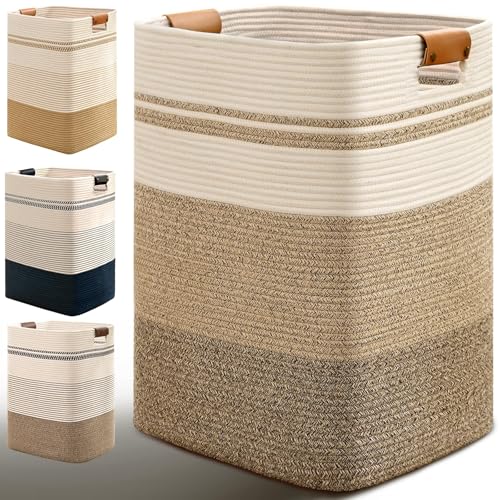 Laundry Hamper, 95L Tall Laundry Basket with Leather Handles, Rectangle Large Clothes Hamper for Organizing, Cotton Woven Laundry Baskets Storage Hampers for Bedroom, Nursery, Living Room - color: Jute & Rice Brown, size: 95L