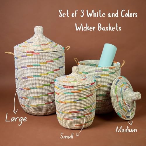 Wicker Laundry Basket, Colorful Pattern on White, 15" Wide, 19" Tall - size: Medium